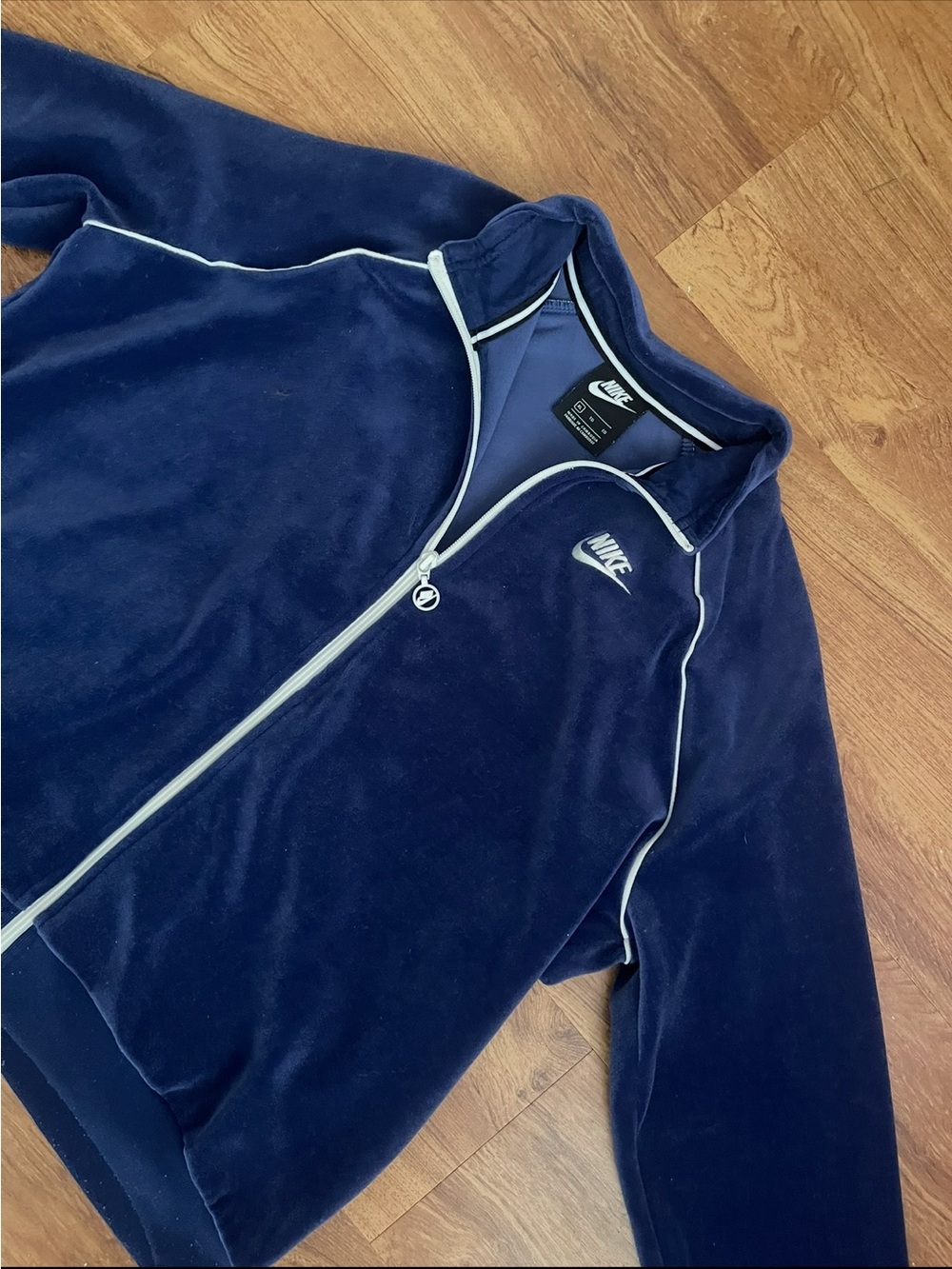 Nike Navy Blue Lightweight Velour Track Jacket with White Piping